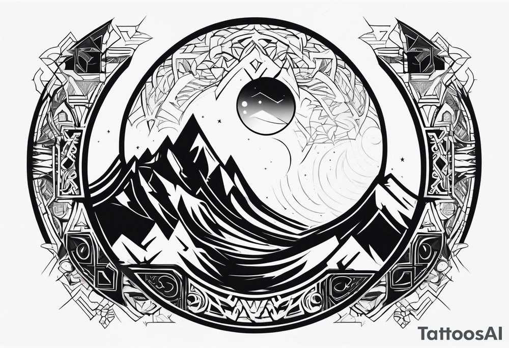 futuristic tribal theme design with moon and wolves and arabic words for forearms tattoo idea