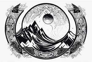 futuristic tribal theme design with moon and wolves and arabic words for forearms tattoo idea