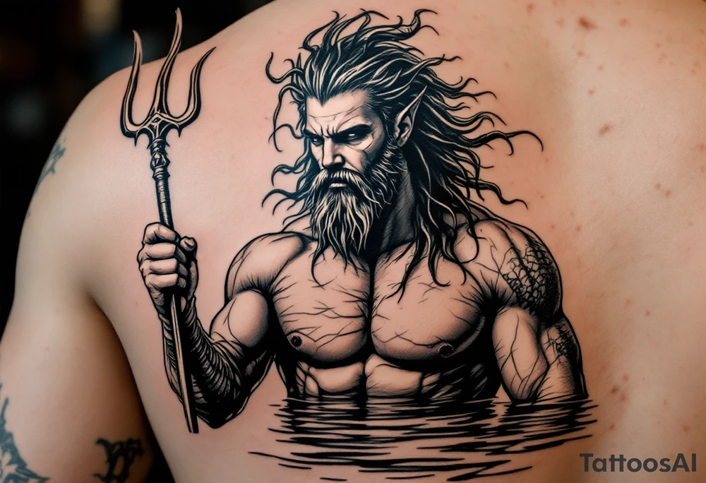 young, fit poseidon in calm water, holding a trident, drinking a beer, with foot on his bicep tattoo idea