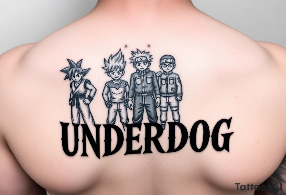 the word underdog in a with 3 anime characters Goku  and Naruto and ippo  one standing in the middle one standing on the right and one standing on the left
 above the word tattoo idea