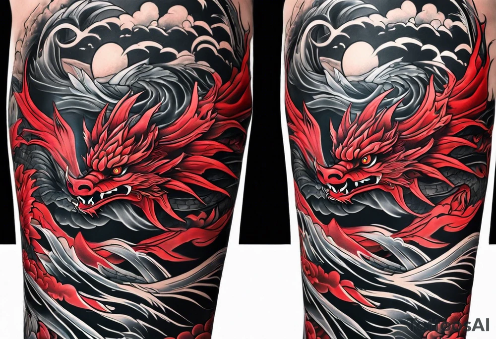 dragon irezumi arm sleeve in black and red with water and lightning tattoo idea