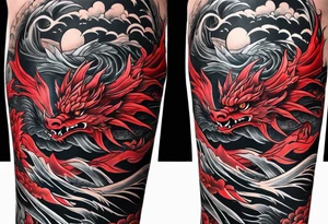 dragon irezumi arm sleeve in black and red with water and lightning tattoo idea