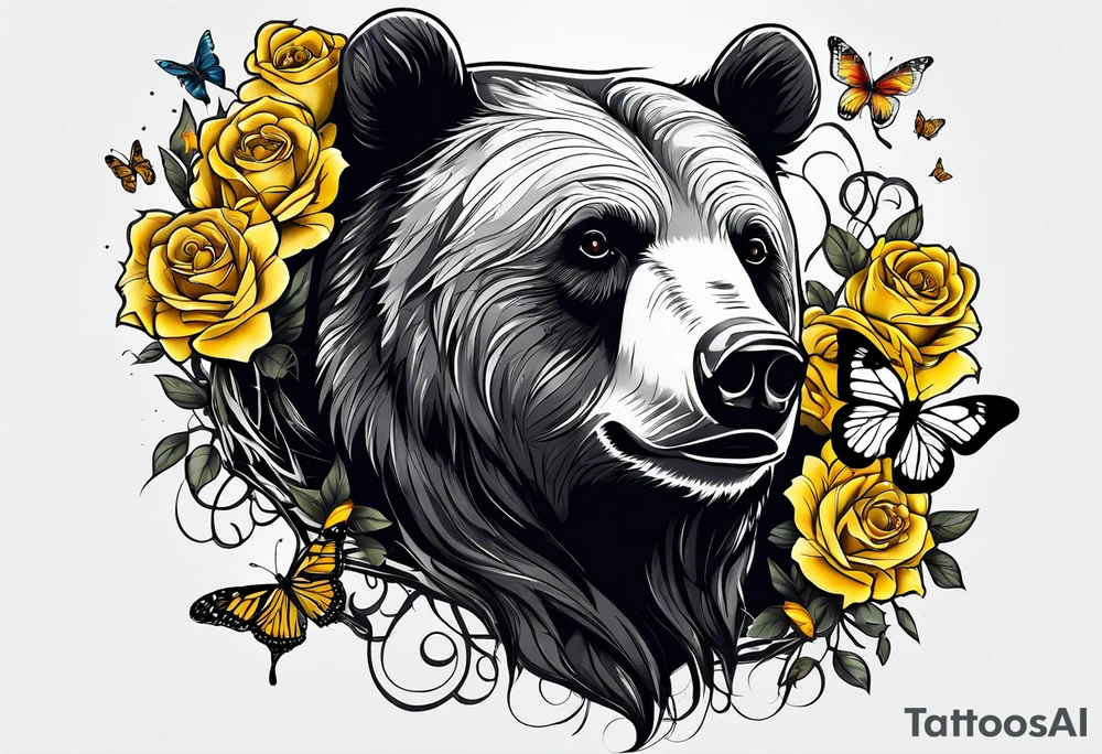 Bear under the tree of life with yellow roses and three butterflies for an upper arm tattoo. tattoo idea