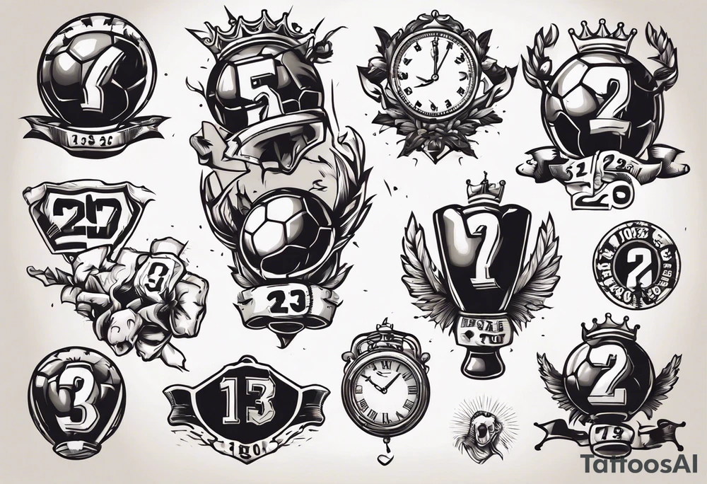 Ballon de football avec le numéro23 ,  une horloge avec une couronne,  le tout avec au fond un taureau tattoo idea
