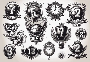 Ballon de football avec le numéro23 ,  une horloge avec une couronne,  le tout avec au fond un taureau tattoo idea