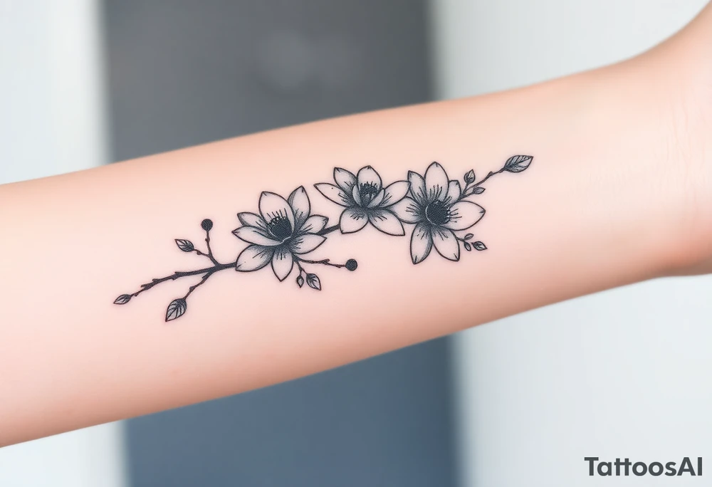 Long branch with magnolia flowers, in different blossom stages with botanical details, lines and dots tattoo idea
