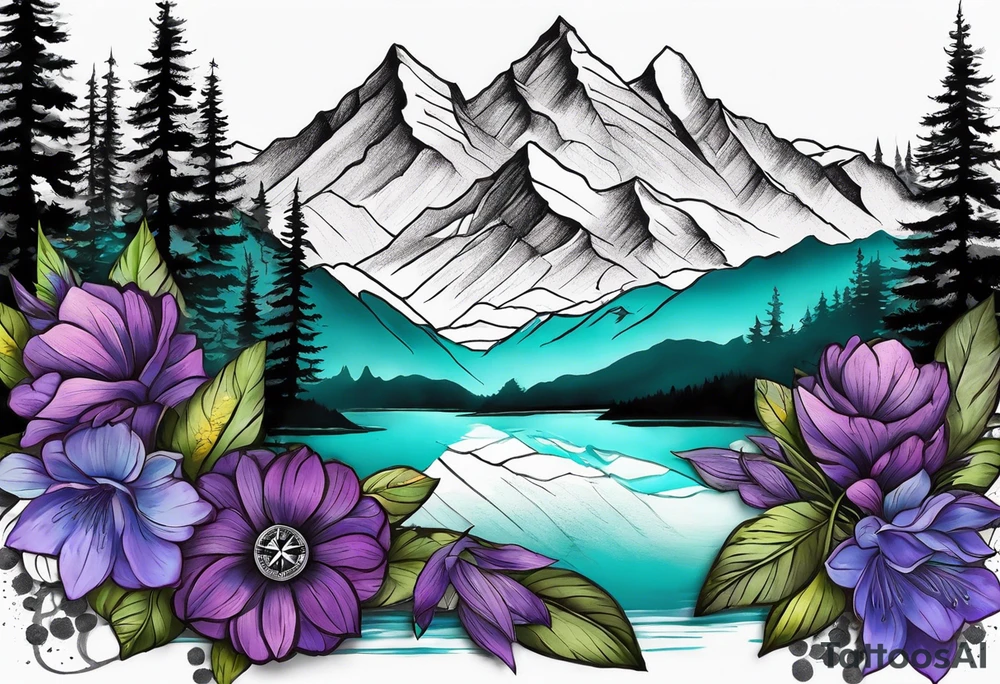 I’d like a half sleeve tattoo on my shoulder. It features a mountain range, with a compass rose rising up from behind the mountain like a sunrise. In front of the mountains, there are purple and teal flowers. tattoo idea