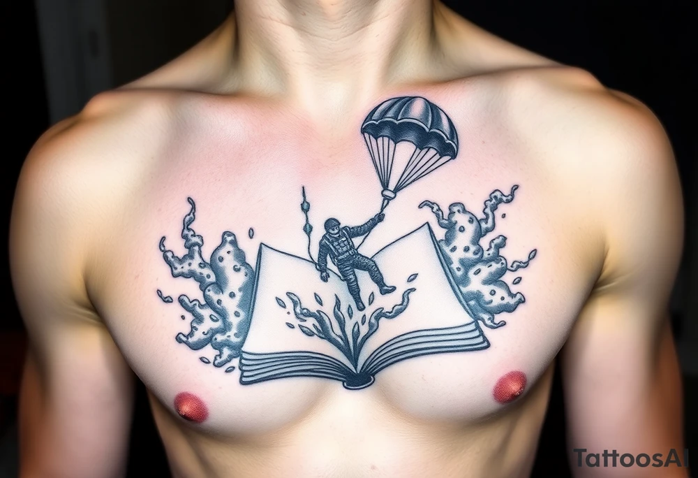 A parachuting soldier falling into an open book. Chaos surrounding, but the book is protecting the soldier from it. On the chest. Make the tattoo smaller. Make it thought provoking. Make the chaos in the environment be an eerie mist. Make the pages in the book be blank. Just one soldier, no other characters. the book is old. tattoo idea