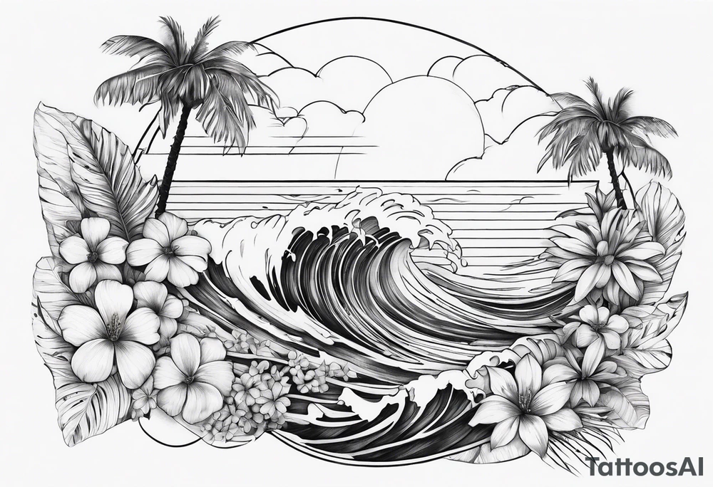 wave,, flower, palm, sea animal tattoo idea