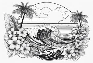 wave,, flower, palm, sea animal tattoo idea