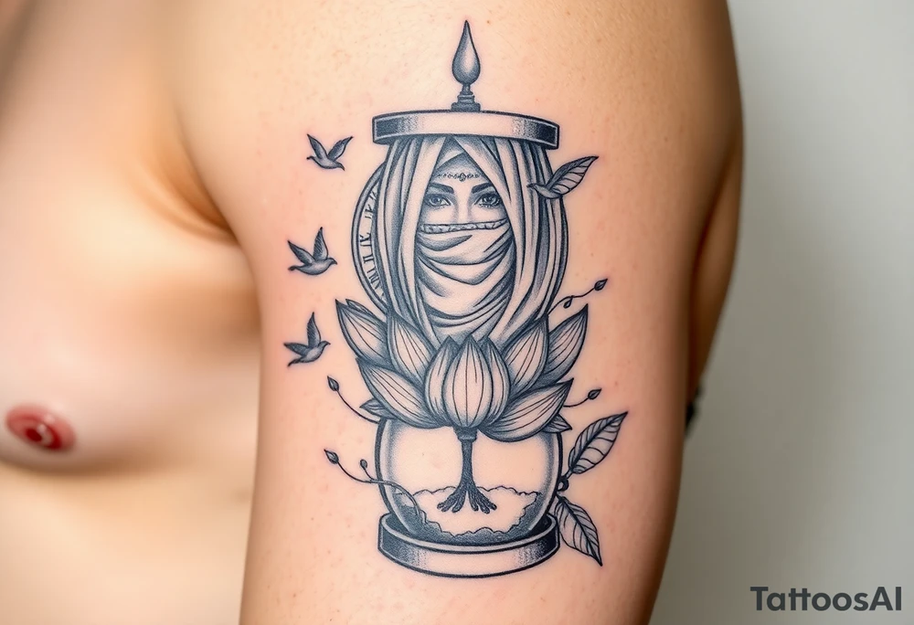 Lotus flower in a hour glass that breaks into flying birds and a clock in background with an arab woman with scarf covering her face tattoo idea