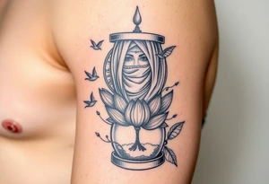 Lotus flower in a hour glass that breaks into flying birds and a clock in background with an arab woman with scarf covering her face tattoo idea