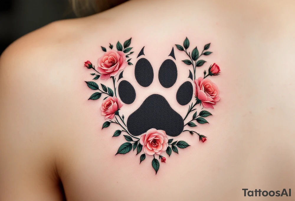 A paw print forming a heart shape, surrounded by delicate roses and leaves. The paw is solid black, while the flowers are in soft shades of red, pink, and green. The leaves are a mix of pastel greens, adding a gentle touch of nature to the design. Black (for paw print), Red and Pink (for roses), Soft Green (for leaves). tattoo idea