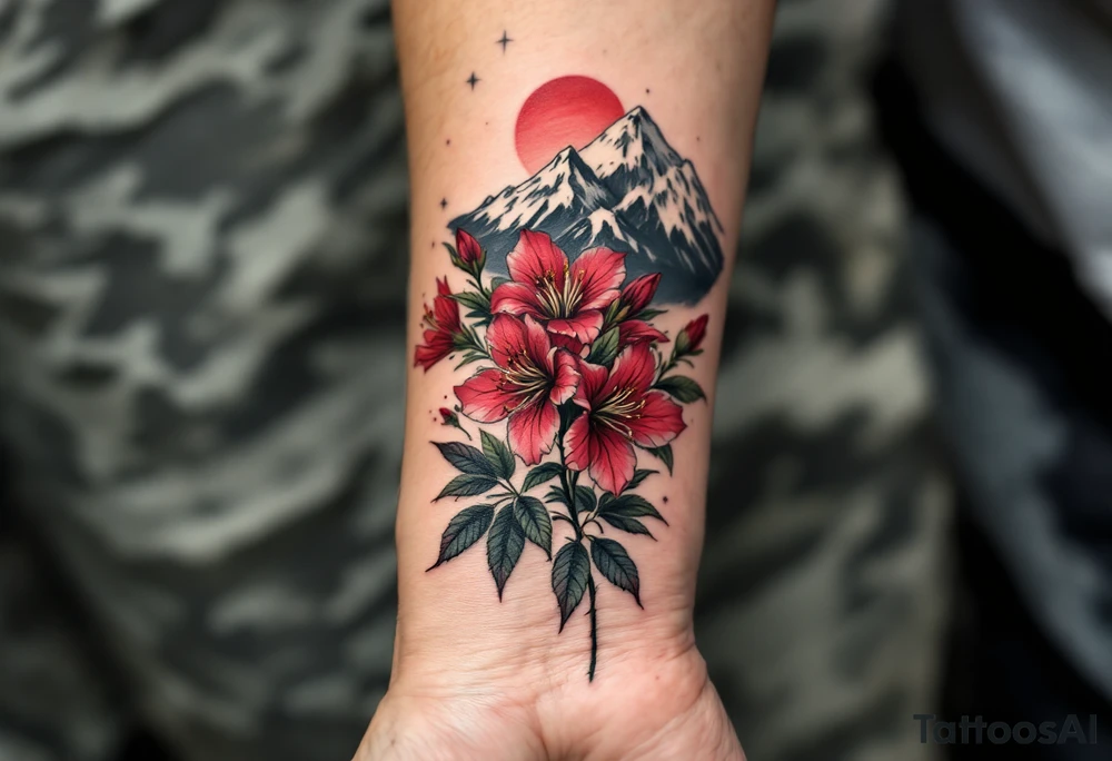 vertical wrist size red  and black rhododendron trippy with Himalayas behind tattoo idea