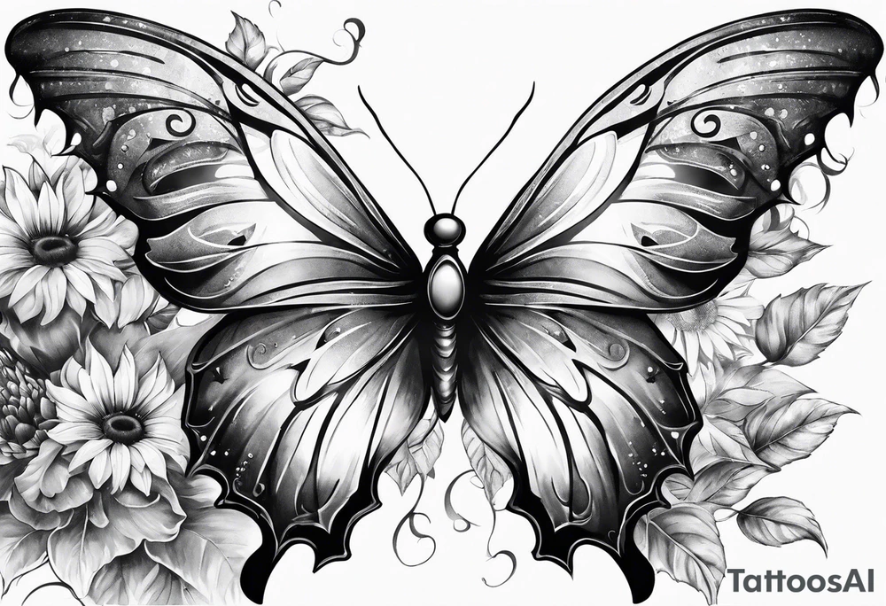 Sleeve with angel wings, sunflower and butterfly tattoo idea