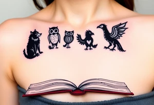 An open book with black silhouettes of a werewolf, an owl, a dragon & a phoenix above it tattoo idea