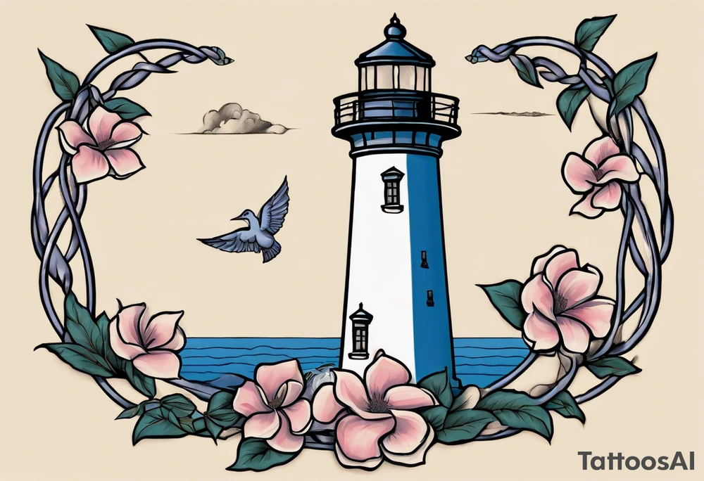 Sailor Jerry tattoo of a light house bordered by magnolia flowers and rope. Behind the light house is a periwinkle blue cancer awareness ribbon tattoo idea