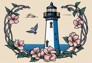 Sailor Jerry tattoo of a light house bordered by magnolia flowers and rope. Behind the light house is a periwinkle blue cancer awareness ribbon tattoo idea