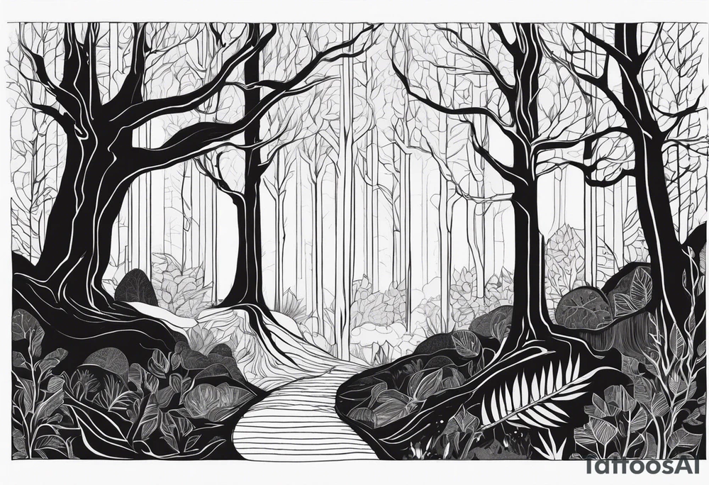 Draw me a Magical forest with s lot of trees in 2D and every tree is black tattoo idea