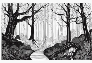 Draw me a Magical forest with s lot of trees in 2D and every tree is black tattoo idea