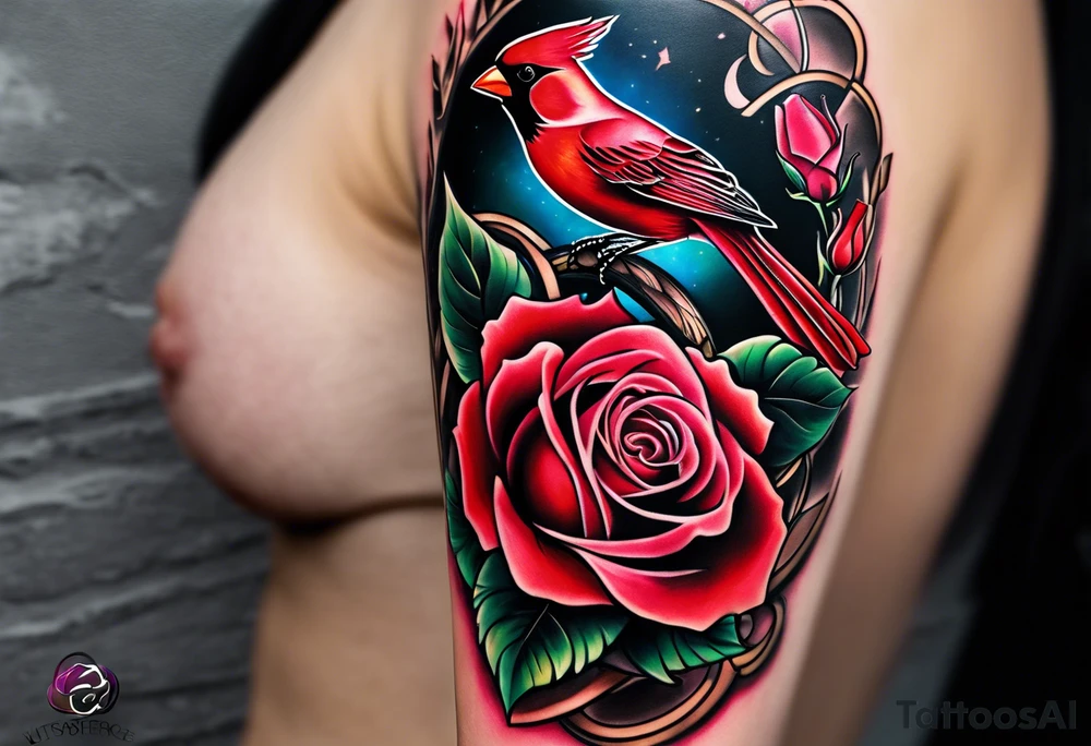 memorial forearm tattoo incorporating roses, a breast cancer ribbon and a cardinal into the tattoo tattoo idea