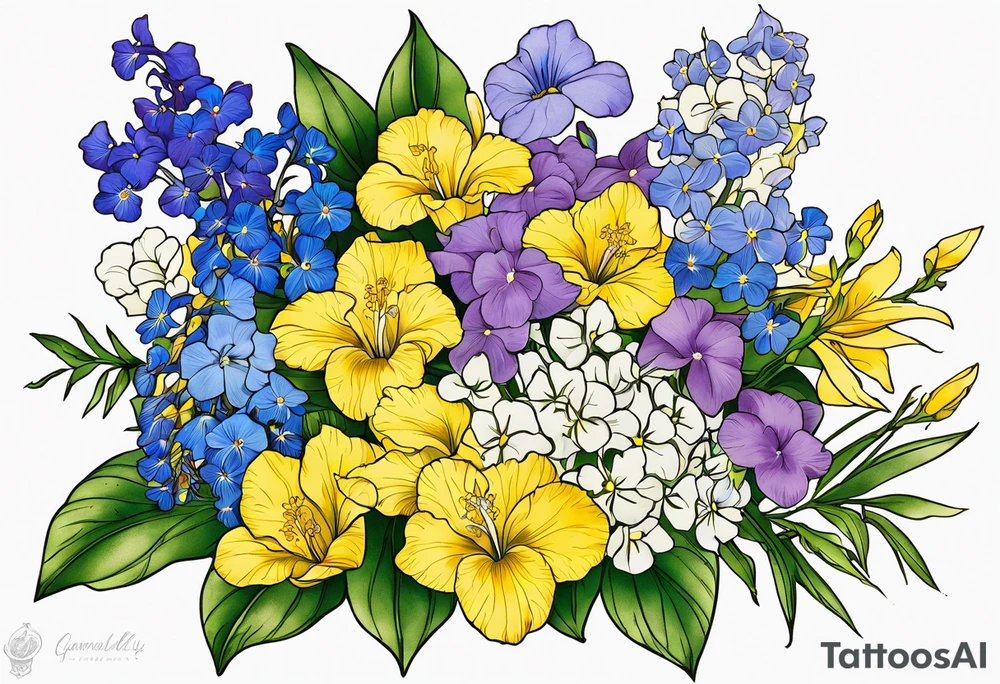 Bouquet tattoo tied with a ribbon With the following flowers on forearm. 
Carnations
Lilly’s 
Larkspur 
Morning glory 
Iris 
Yellow cedar
Yellow elder 
Forget me not 
Purple violets 
Lingum vitae 
Dogwood flower tattoo idea