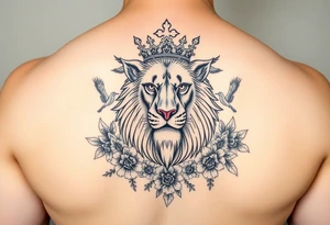 powerful majestic lion with a crown, surrounded by floral ornaments and birds tattoo idea