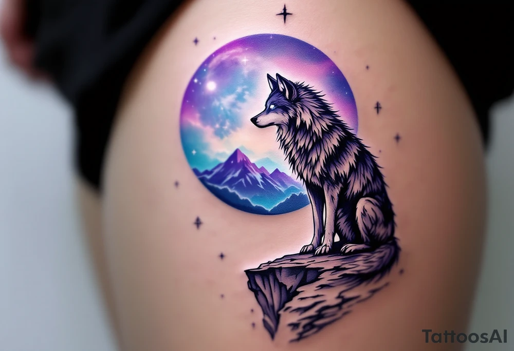 Mystic wolf with glowing white eyes, standing on a cliff under a purple and blue magical moon, surrounded by faint rune symbols. tattoo idea
