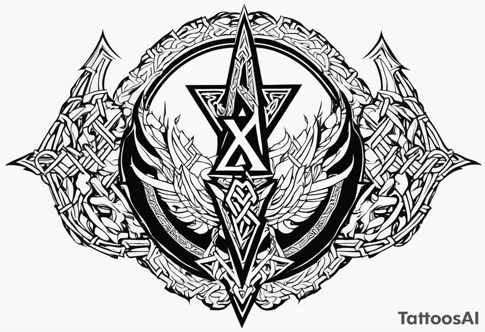 Valhalla sword shield dragon axe Valknut barbed wire chains tribal tattoo idea Valhalla sword shield dragon axe Valknut barbed wire chains tribal tattoo idea