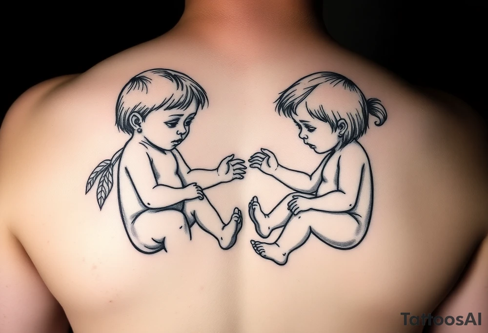 Zwei kleine mädchen sitzen sich gegenüber eine hat einen Dutt die andere einen Zopf und sie berühren sich an den Fußsohlen tattoo idea