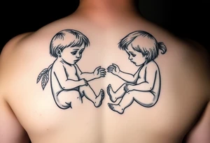 Zwei kleine mädchen sitzen sich gegenüber eine hat einen Dutt die andere einen Zopf und sie berühren sich an den Fußsohlen tattoo idea