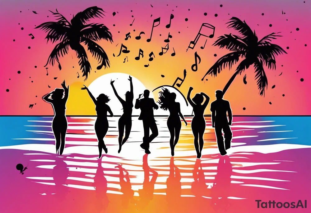 1980's miami vice style beach dance 
party, include confetti, music notes, boom box, SILHOUETTE bikinis sunset in the center tattoo idea