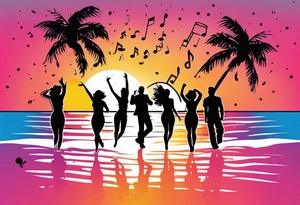 1980's miami vice style beach dance 
party, include confetti, music notes, boom box, SILHOUETTE bikinis sunset in the center tattoo idea
