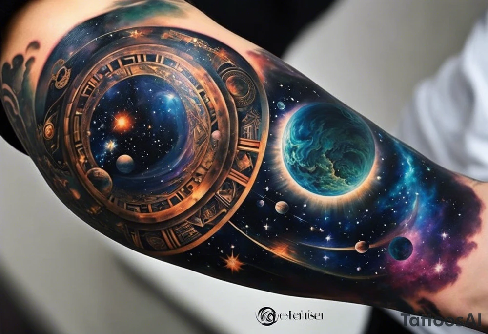 I have multiple tattos but i am getting a sleeve done on my arm.
I want the sleeve to be only about time space continuum, purpose, desire and ambition linked to it. I want the concept to me about how miniscual we are in this universe but how we feel big and lose perspective and a sense of purpose. I also want Shiva to be added to the tattoo as shiva is considered the destroyer which scientifically goes back to big bang. SO create a tattoo for me in geometric design for my whole right arm tattoo idea