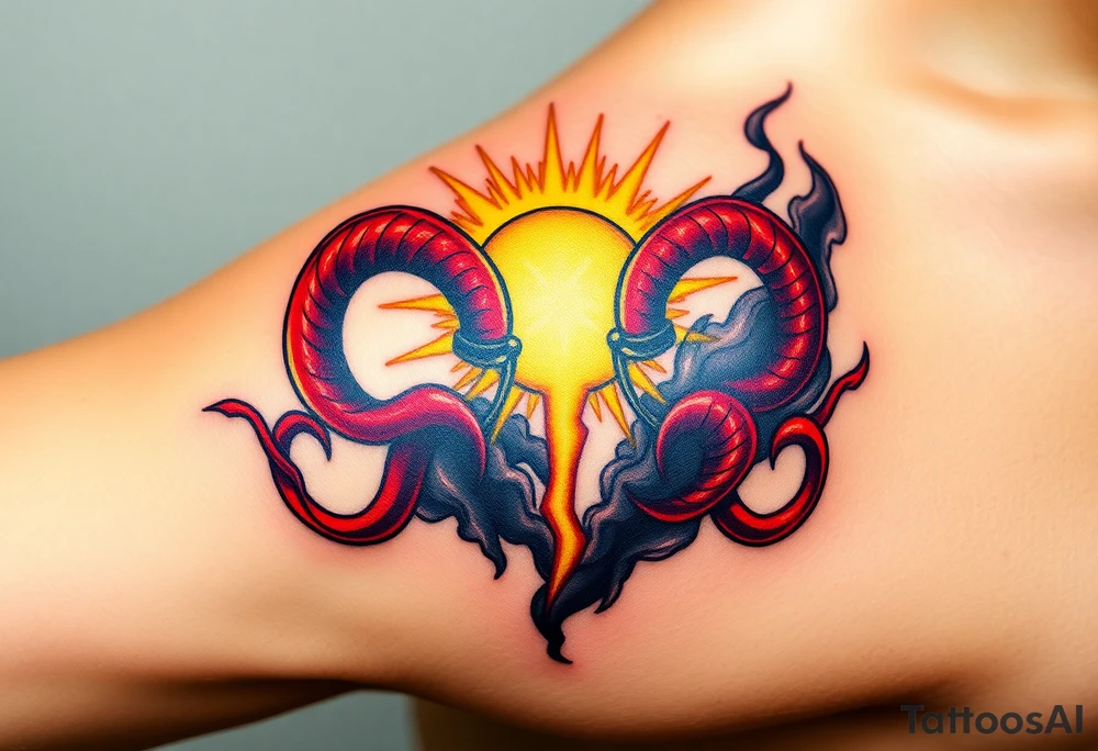 A shining golden halo, surrounded by light and rays of peace, clashing with red, twisted horns curling from the opposite side, dark and menacing, with smoke and shadows, symbolizing a battle between holiness and temptation. tattoo idea