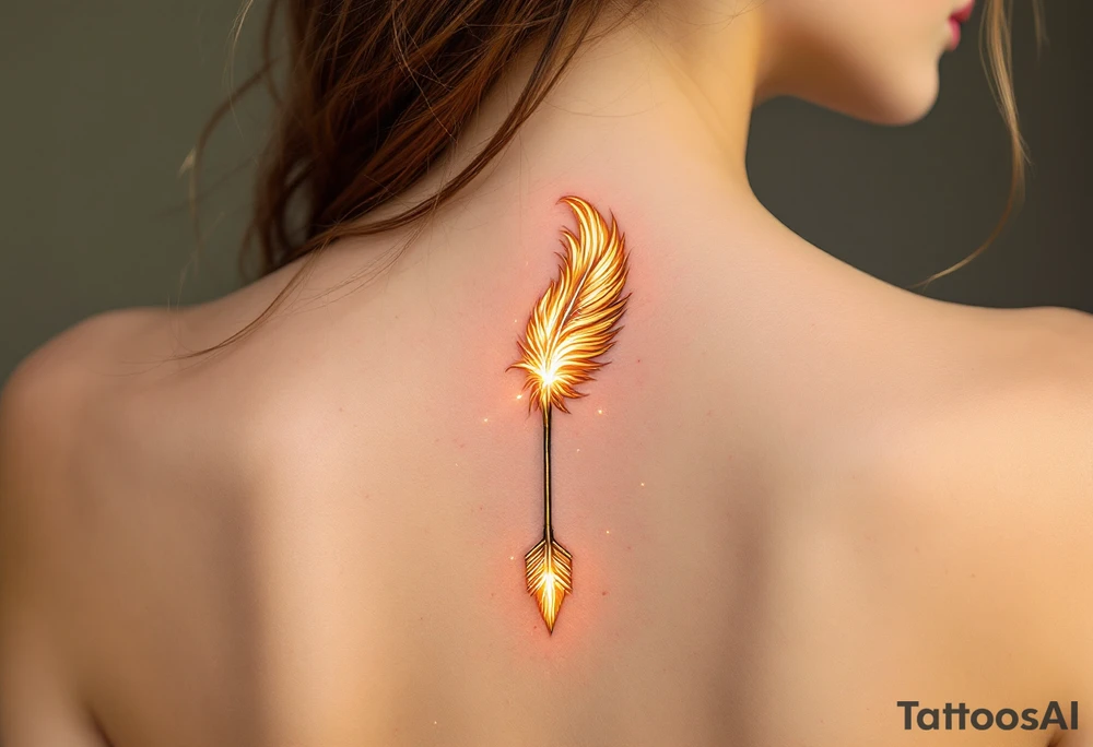 A golden arrow with a phoenix feather tail, engulfed in a soft glow, symbolizing rebirth and transformation. tattoo idea