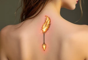 A golden arrow with a phoenix feather tail, engulfed in a soft glow, symbolizing rebirth and transformation. tattoo idea