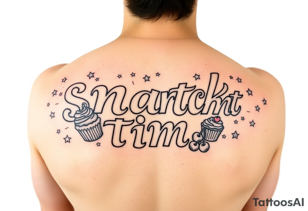Pretty letters with lots of swooshes saying snack time with cupcakes, cherries and stars tattoo idea