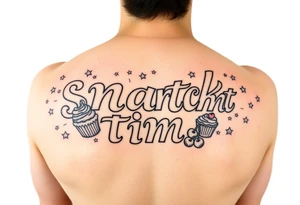 Pretty letters with lots of swooshes saying snack time with cupcakes, cherries and stars tattoo idea
