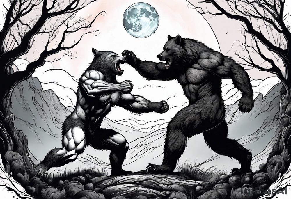 Muscular werewolf and muscular bear fighting under a blood moon tattoo idea