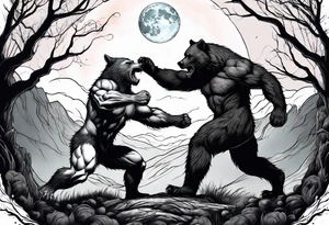 Muscular werewolf and muscular bear fighting under a blood moon tattoo idea