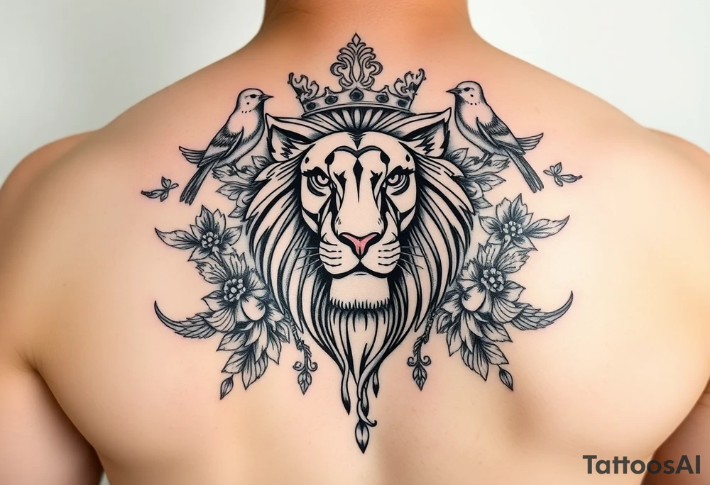 powerful majestic lion with a crown, surrounded by floral ornaments and birds tattoo idea