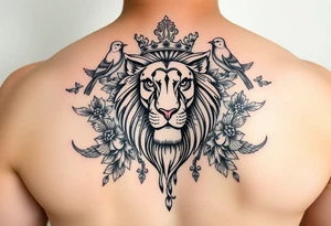 powerful majestic lion with a crown, surrounded by floral ornaments and birds tattoo idea