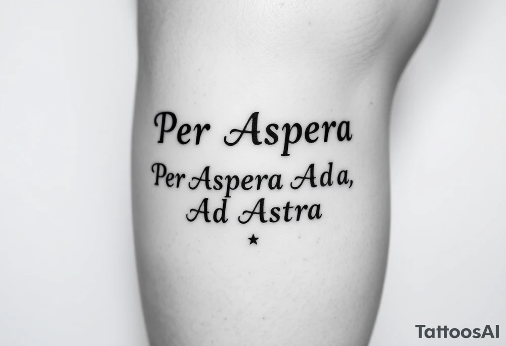 The phrase "Per Aspera Ad Astra" above the knee using Paragone Fancy Aesthetic Serif font. Also add a couple small minor stars at the end of the phrase. Put "Per Aspera" a line above "Ad Astra". And show me how it would look above the knee cap tattoo idea