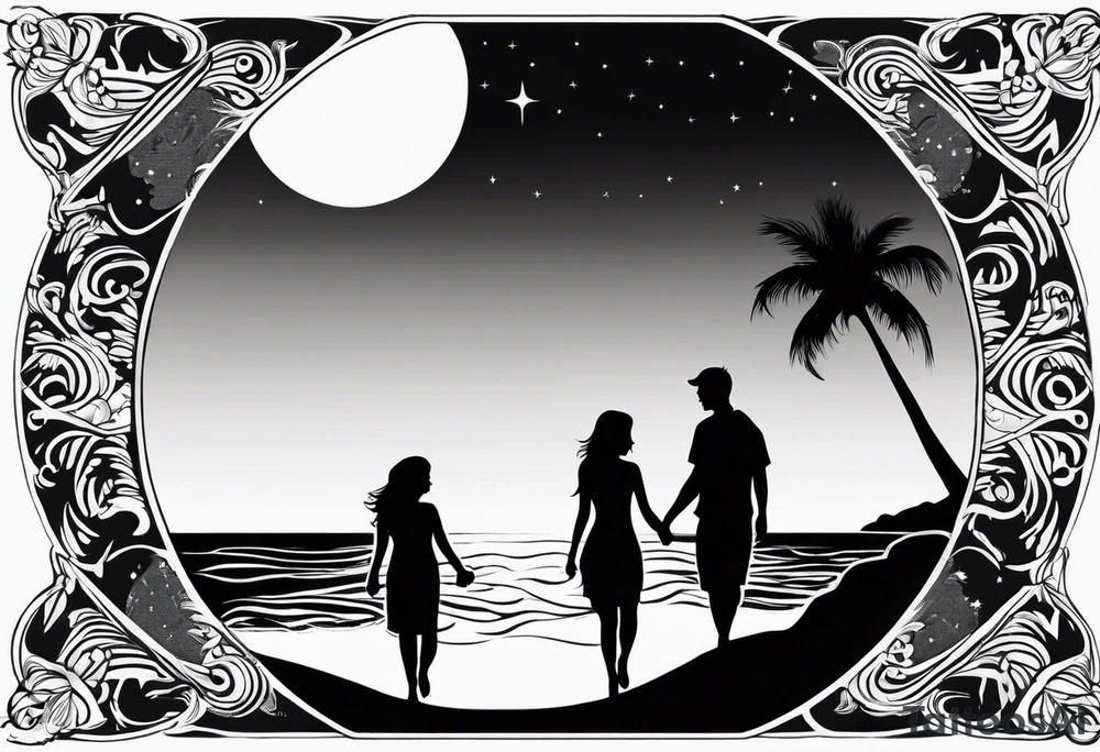 silhouette of two people holding hands on beach water with moon and palm trees tattoo idea