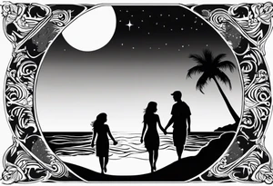silhouette of two people holding hands on beach water with moon and palm trees tattoo idea