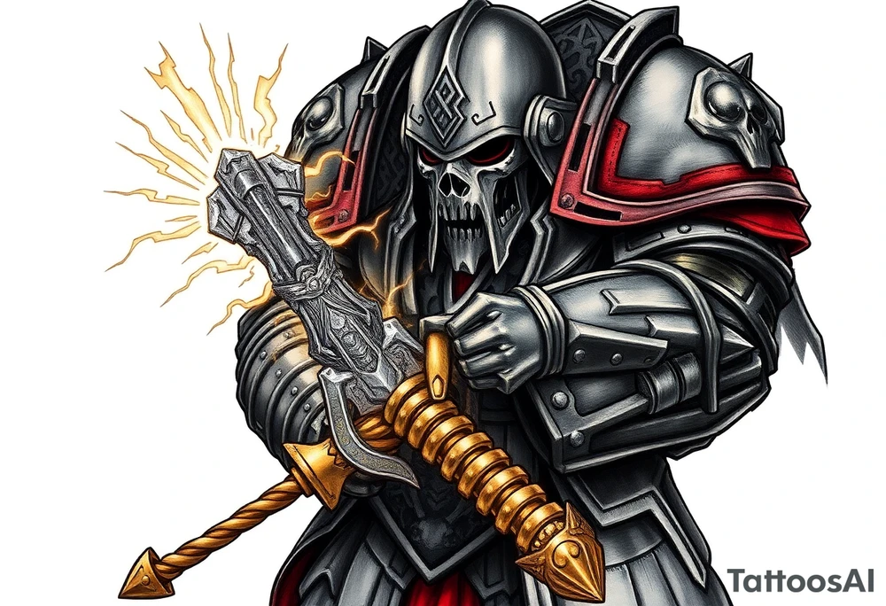 Warhammer, the Old World. A warrior priest of Sigmar holding The Warhammer of Sigmar. The Warhammer of Sigmar is radiating thunderous energy. The Warhammer is held by the warrior priest with both hands at the shaft with a firm grip, upon his chest level. The Warrior priest is wearing dark alloyed heavy armour (reference armor from warhammer vermintide 2 Victor Saltzpyres, the warrior priest of Sigmar class) with skull sigils on his shoulder pads. The warrior priest is wearing a helmet, while the helmets front visor has an humanoid metal face covering. The helmet and armour are gladened with hints of gold and crimson red. The Warhammer is silverish and golden with a long shaft with twisted carvings. tattoo idea