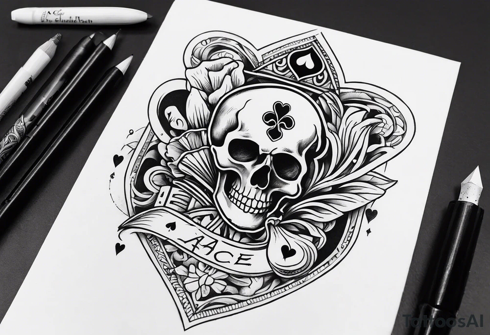 Skeleton stabbing the ace of hearts tattoo idea