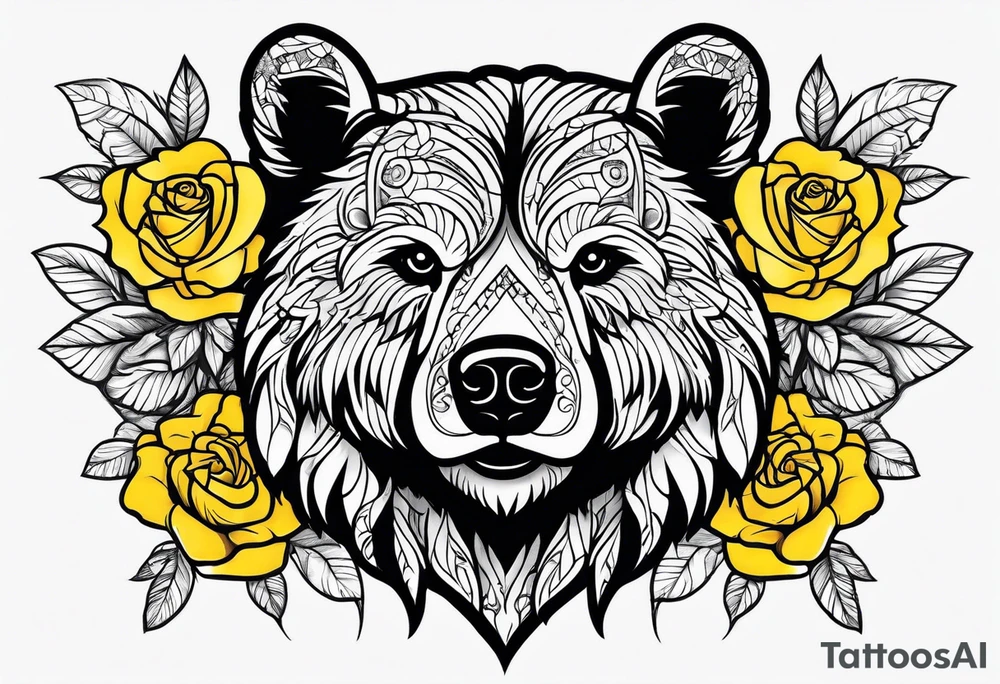 A tribal bear above the butterfly and yellow rose tattoo idea