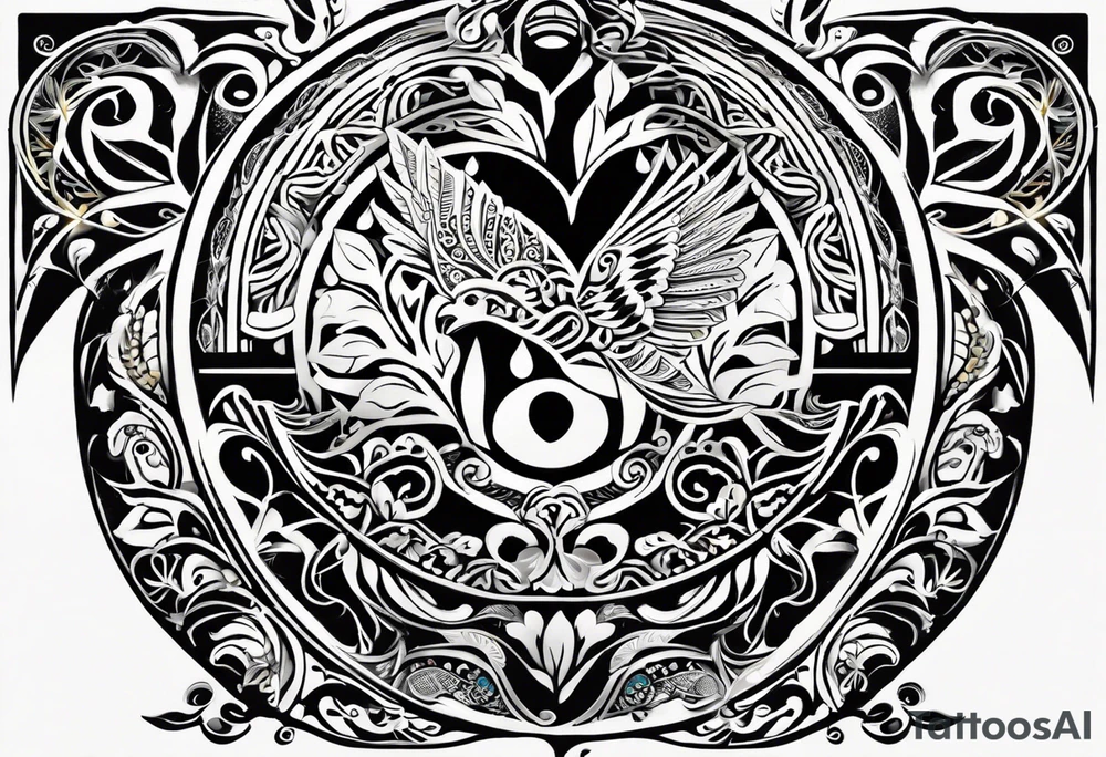 Craft a tribal Maori tattoo design seamlessly integrating the tree of life, a doctor bird, lignum vitae flowers, a nautical compass, and an old-school pocket watch. The design should flow from the arm to the chest, emphasizing equal importance for each element. Utilize traditional Maori patterns and symbolism to convey meaningful representation of these elements within the design, executed in a black and grey color scheme tattoo idea